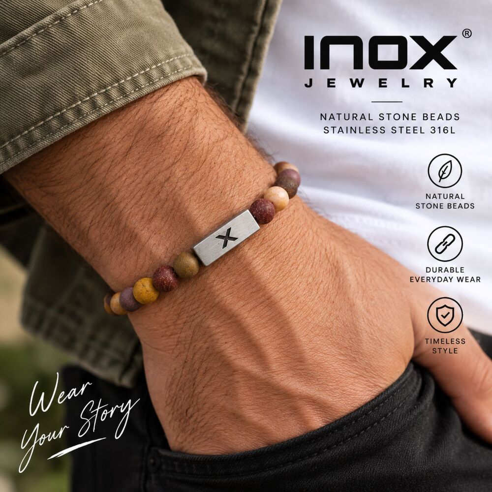 INOX 316L Stainless Steel Natural Stone Beaded Stretch Bracelet Multicolor Mens